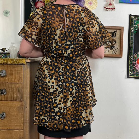 Vintage Leopard Print Dress, 1970s Punk Party Dress w Sheer Overlay, Sz S - Picture 7 of 10